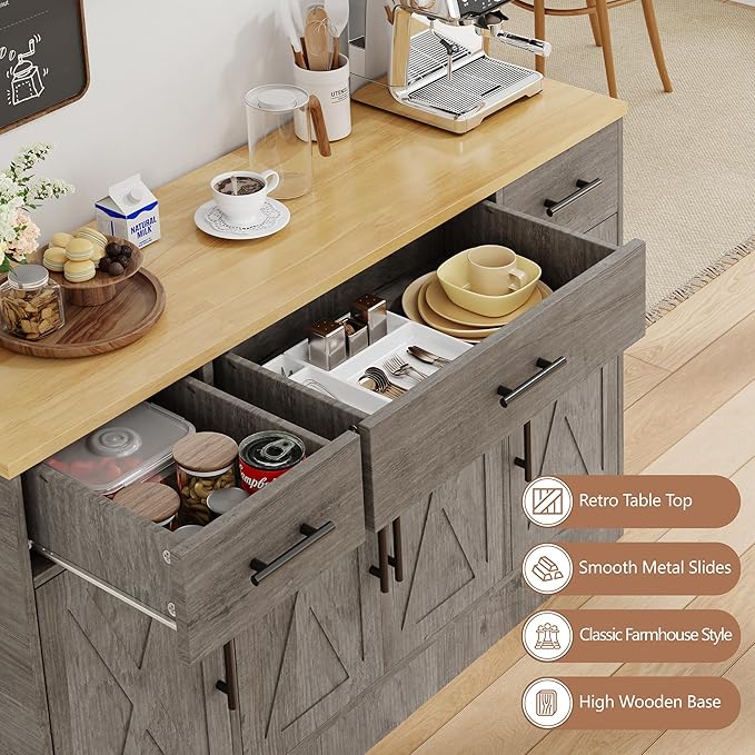 Shintenchi Buffet Cabinet with Storage,53.4" Large Kitchen Storage Cabinet with 3 Drawers and 4 Doors,Wood Farmhouse Buffet Sideboard with Adjustable Shelf for Kitchen Living Room, Gray