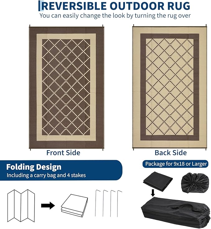 Waterproof Outdoor Rug 8x10 Reversible Plastic Straw Rug Modern Geometric Large Floor Carpet Lightweight Foldable Camping Mat for Outdoors RV Patio Backyard Picnic Brown/Coffee