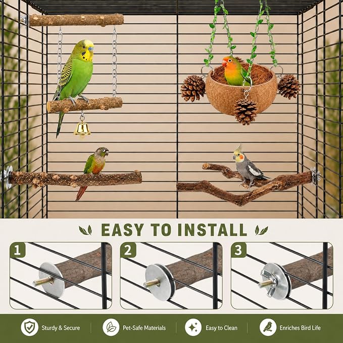 Bird Perch Bird Cage Accessories Parrot Toys Natural Wood 6Pcs Set for Parakeet Cockatiel Conure Lovebird Small Medium Birds