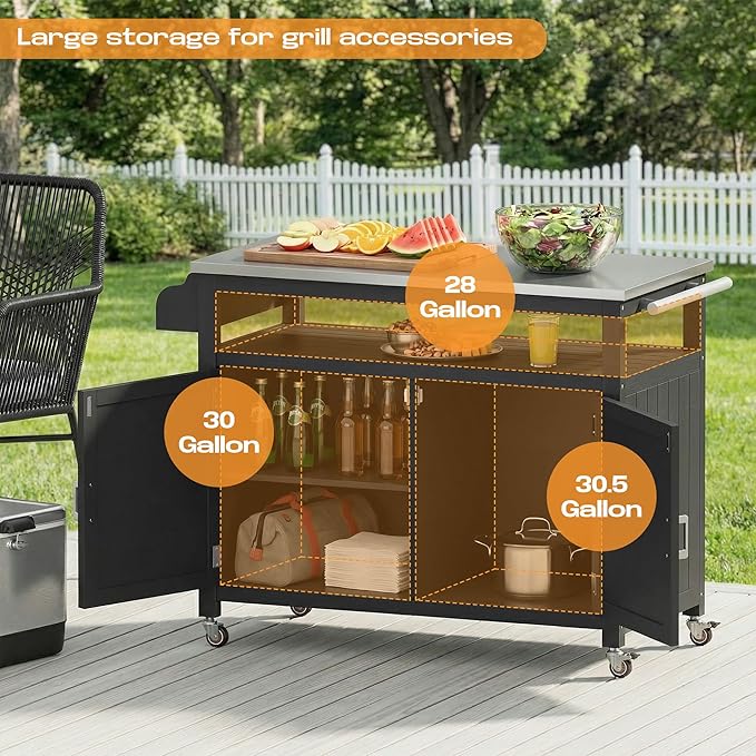FUQARHY 43.3-Inch Outdoor Kitchen Island with Storage Cabinet and Stainless Steel Top, Solid Wood Prep Station Grill Table with Lockable Wheels for Patio, Backyard, Party (Black)