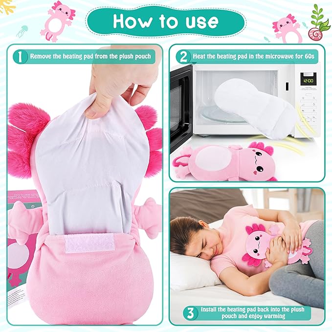 Axolotl Microwave Heating Pad for Period Cramps, Animals Microwavable Heating Pad for Shoulder Neck Knee Pain Relief, Cute Pink Axolotl Plush Heat Pack for Women Mother's Day and Kids Birthday