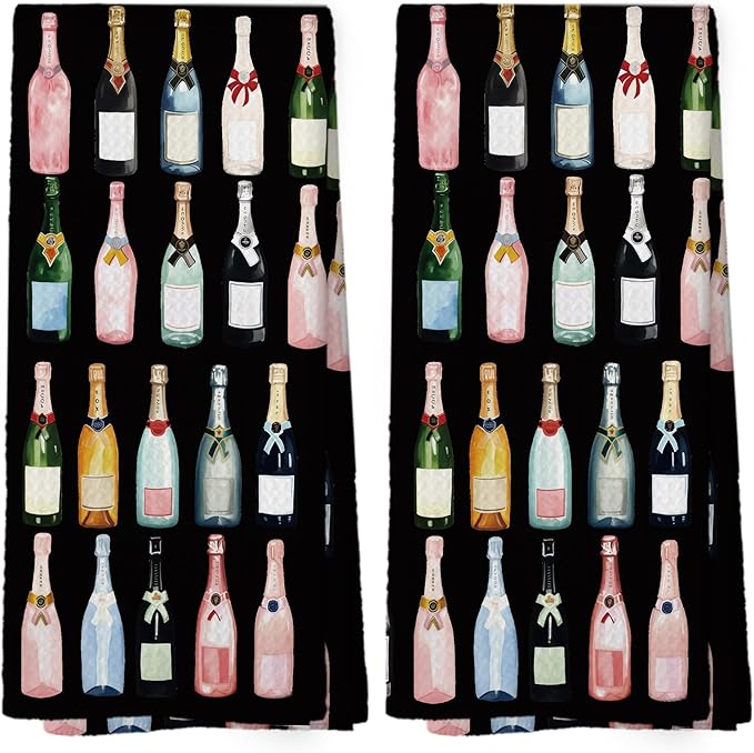 Black Champagne Lover Kitchen Towels Set of 2, Champagne Accessories Home Bar Bathroom Decor, Champagne Gifts for Women, Cocktail Gift Bachelorettes Decorative Tea Dish Towels 16x24 Inch