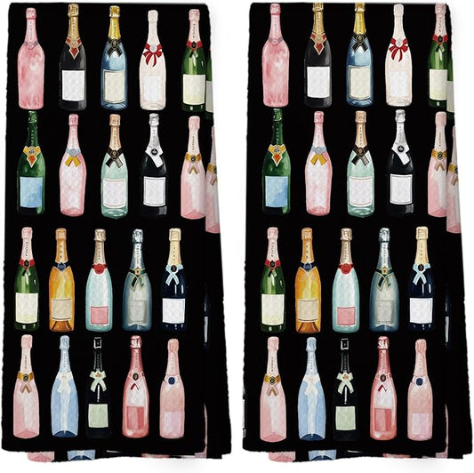 Black Champagne Lover Kitchen Towels Set of 2, Champagne Accessories Home Bar Bathroom Decor, Champagne Gifts for Women, Cocktail Gift Bachelorettes Decorative Tea Dish Towels 16x24 Inch