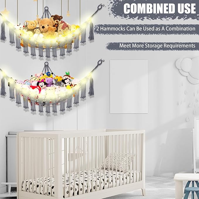 CERETIA Stuffed Animal Hammock with LED Light, Large Stuffed Animals Storage Corner Plushie Net for Kids Room Decor, Jumbo Grey