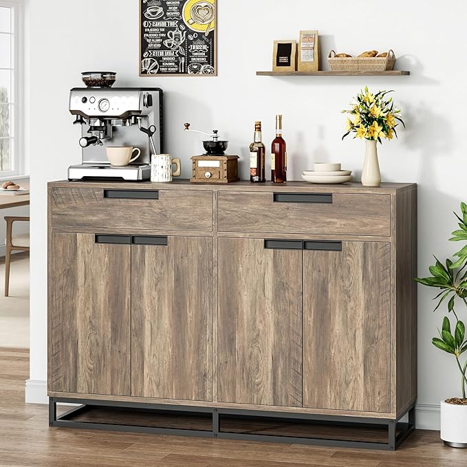 Garvee Kitchen Buffet Cabinet 55 Inch Large Modern Sideboard with 2 Drawers and 4 Doors, Coffee Bar Buffet Table for Kitchen and Dining Room, Brown
