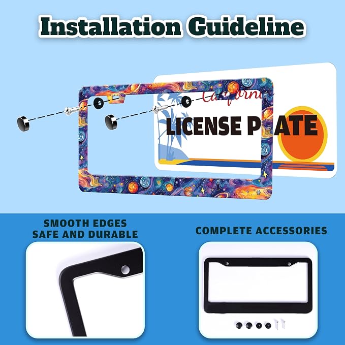 Galaxy Planet Universe License Plate Frame Stainless Steel 6.3 X 12.2 Inch | Fits US Standard With Screws Rust Resistant For Car Front Rear Decoration Accessories Easy Installation For Cars SUV Truck