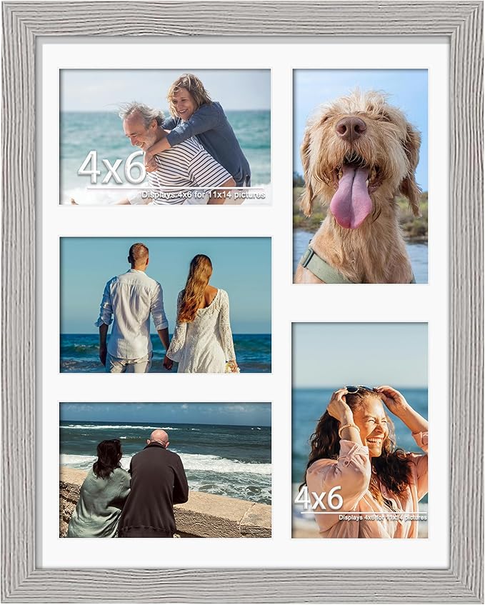 11x14 Collage Picture Frame, 4x6 Collage Picture Frame, Displays Five 4x6 inch Photos, or 11x14 (Without Mat) Wall Decor Wall Hanging or Tabletop, Grey.