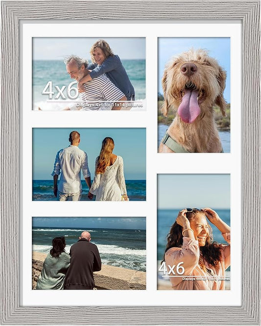11x14 Collage Picture Frame, 4x6 Collage Picture Frame, Displays Five 4x6 inch Photos, or 11x14 (Without Mat) Wall Decor Wall Hanging or Tabletop, Grey.