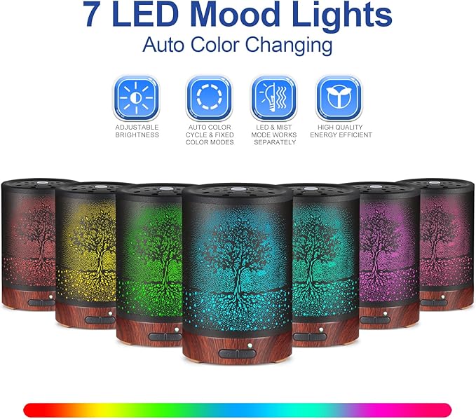 Essential Oil Diffuser- Aromatherapy Diffuser with7 Colors Light and Auto-Off for Women Metal Cool Mist Humidifier for Home and Office(Tree)