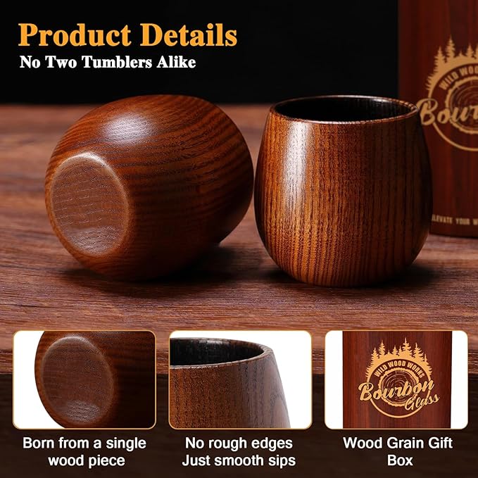 Charred Wooden Bourbon Drinking Glass- Bourbon Gifts for Men, Handcrafted Whiskey Glasses, Wooden Old Fashioned Glass,Unique Whiskey Gifts for Men, Dad, Husband or Bourbon Lovers (4 Pack)