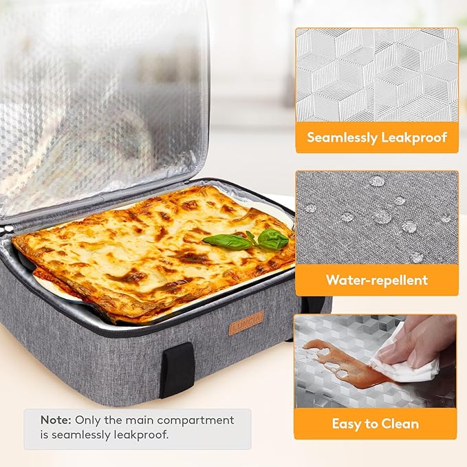 LUNCIA Insulated Single Decker Casserole Carrier, Lasagna Lugger Tote Keeps Food Hot or Cold, Thermal Lunch Bag for Potluck Parties, Picnic and Cookouts, Fits 9" x 13" Baking Dish, Grey