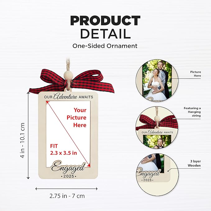 Christmas Photo Frame Ornament, 2025 Ornament, Wooden Picture Frame Ornaments With Hanging String (2025 Engaged)