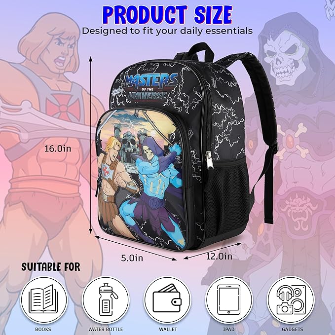 AI ACCESSORY INNOVATIONS Masters of the Universe Castle Grayskull Backpack for Kids, 16 Inch Bookbag featuring He-Man & Skeletor, Black