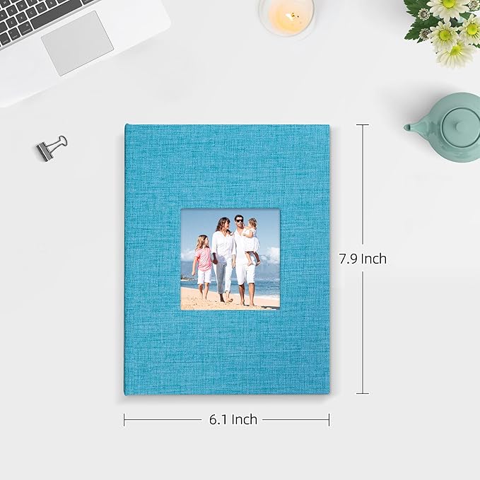 Mublalbum 2 Pack Small 5x7 Photo Album Linen Cover with Display Window Mini Picture Book Each Holds 52 Vertical Pockets for Artwork Postcards or Pictures Storage (Blue)