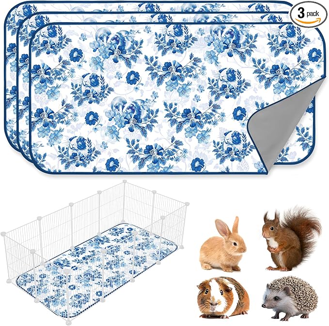 JarThenaAMCS 3 Packs Guinea Pig Pee Pads 24" x 47" Reusable Guinea Pig Pee Mat Watercolor Blue Flower Washable Small Animal Cage Liner for Rabbit Hamster Chinchilla Ferret Rat