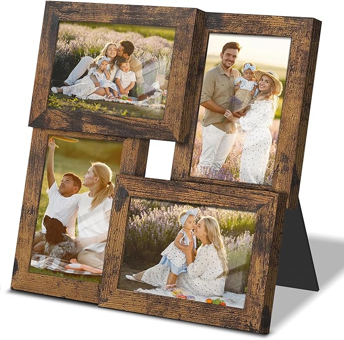 4x6 Collage Picture Frame Tempered Glass Front, Displays Four 4x6 Photo, Family Photo Collage Frame, Wall Decor Wall Hanging or Tabletop, Brown