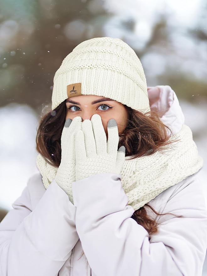 Winter Beanie Hat Scarf Gloves, Warm Fleece Knit Hats Touch Screen Gloves Neck Scarf Set Winter Gifts for Unisex Adult