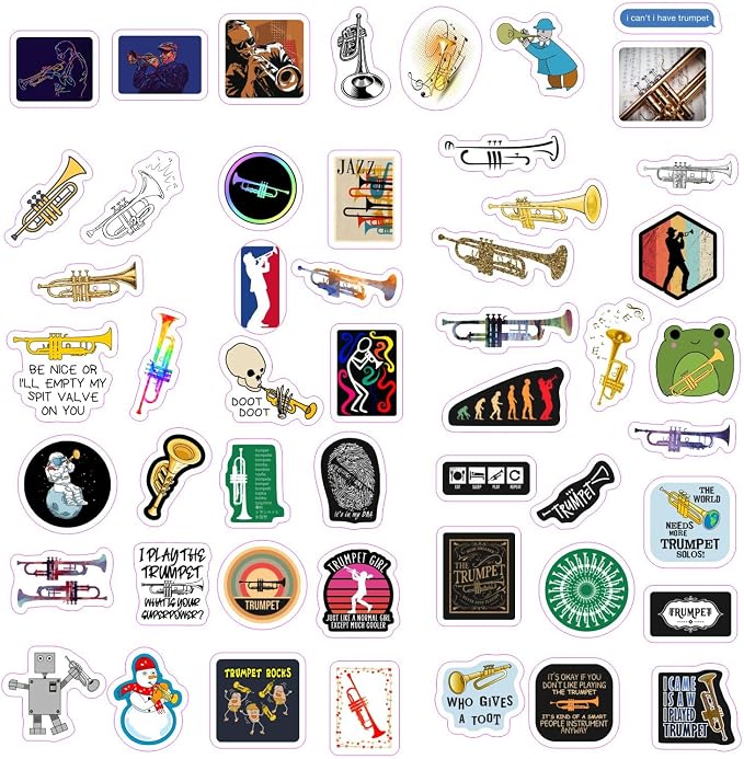 100Pcs Trumpet Stickers for Water Bottle and Laptop - Musical Party Supplies & Decorations, Waterproof Vinyl Instrument Decals, Trumpet and Jazz Stickers Laptop Decals, Gifts for Women & Men