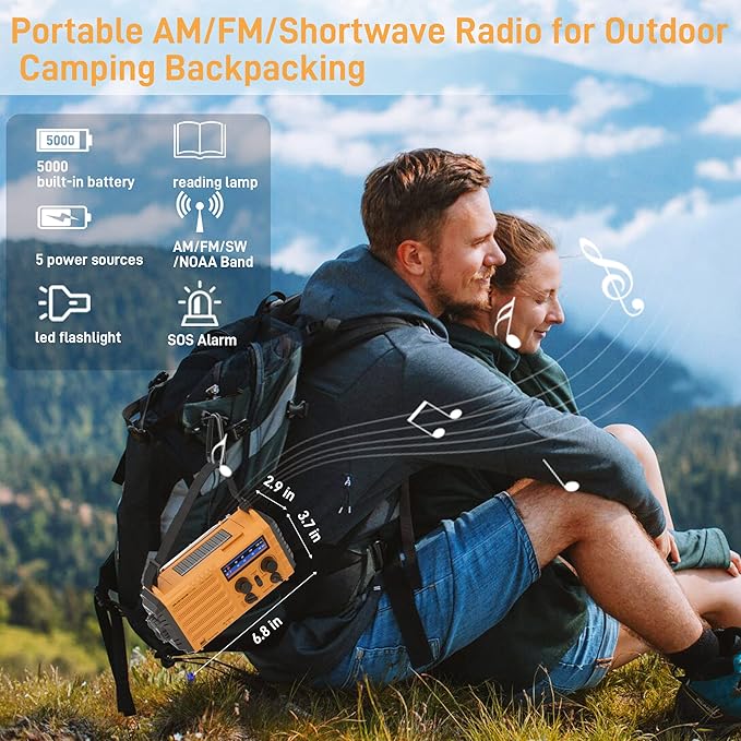 Emergency Radio with NOAA Weather Alert, 5000mAh Solar Hand Crank Portable AM/FM Shortwave Radio, Rechargeable Battery Powered, USB Charger, Flashlight, SOS Alarm for Home Outdoor Survival
