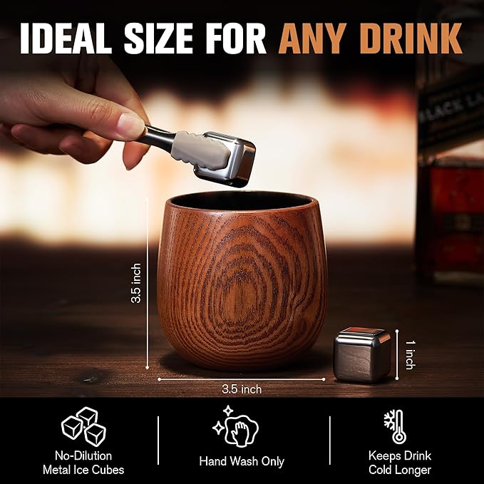 Charred Wooden Bourbon Drinking Glass, 2 Handcrafted Whiskey Tumblers | Bourbon Gifts for Men | Charred Old Fashioned Glass | Unique Whiskey Gifts for Men, Dad, or Brother - Includes 6 Metal Ice Cubes