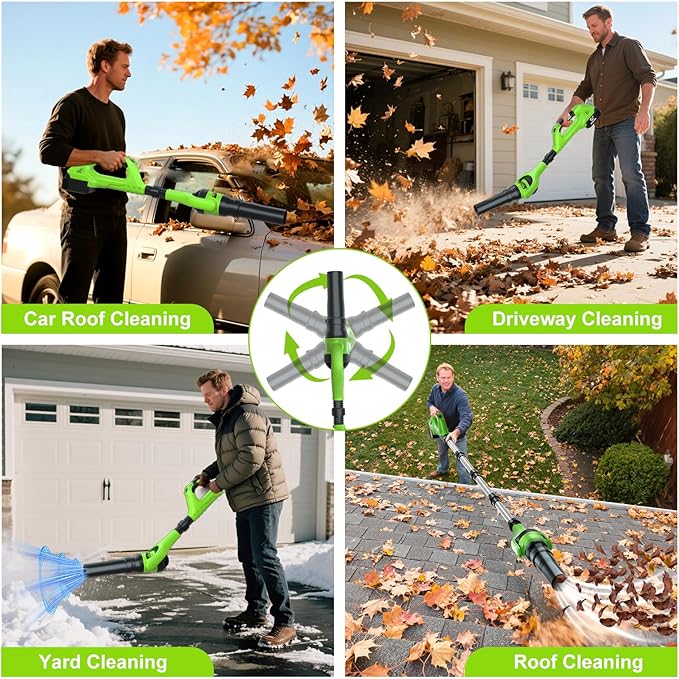 Roof Gutter Cleaning from The Ground, 21V Leaf Blowers Cordless with 2 Battery, Adjustable Pole (98inch)3 Speed Modes 500CFM/180MPH for Gutter Cleaner Extension Attachment Kit for Garden,House