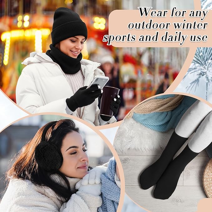 SATINIOR 5 Pcs Winter Satin Lined Hat Scarf Gloves Set Knit Pompom Beanie Warm Touchscreen Glove Earmuff Ear Warmer for Women