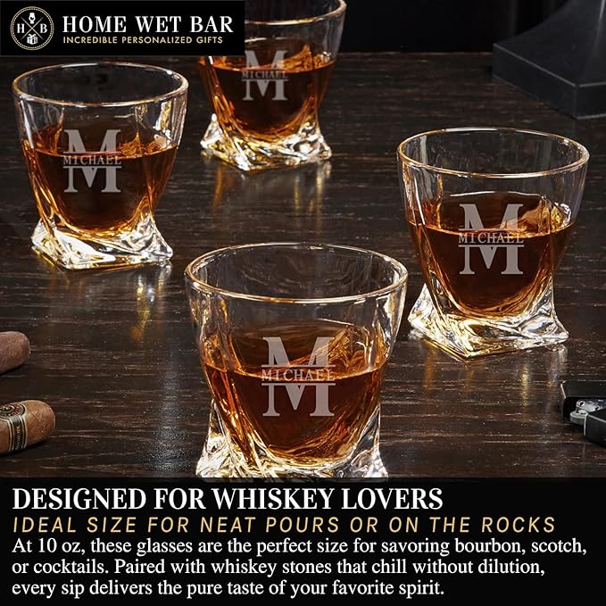 Personalized Whiskey Glasses – Custom Engraved Twist Whiskey Glass Set of 4 & Display Case with Whisky Stones by Home Wet Bar