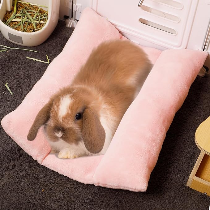 MEWTOGO 15.7" x 14" Bunny Bed for Rabbit Cage, Thickened & Soft | Prevent Sore Hocks Plush Mat with Cotton Lounger Pillows, Small Animal Flop Mat for Hutch Sleeping Indoor, Pink
