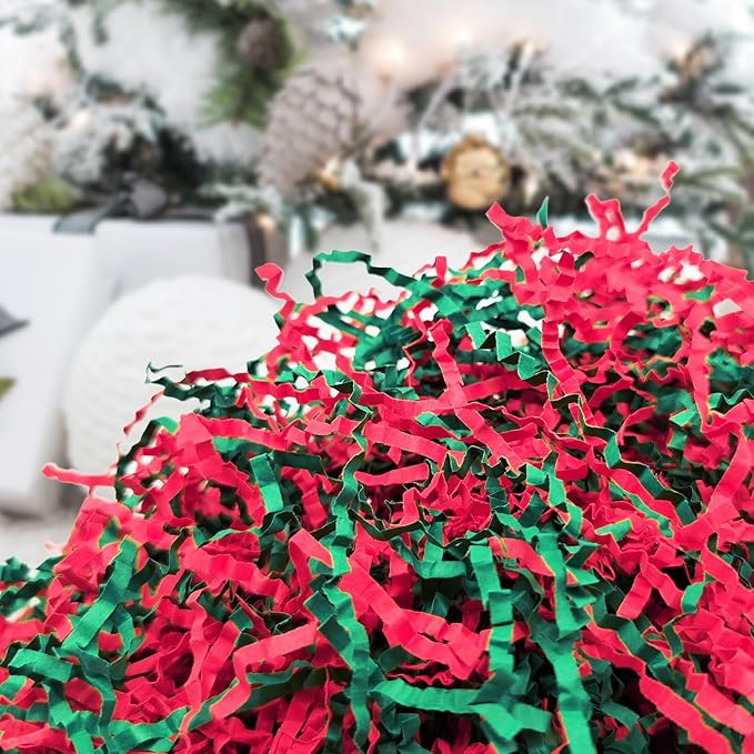 NEWMIAO 1LB Red and Green Crinkle Cut Paper Shred Filler, Gift Box Stuffing Decorative Shredded Crinkle Paper, Holiday Shred Filler for Christmas Gift Bags Baskets and Packaging
