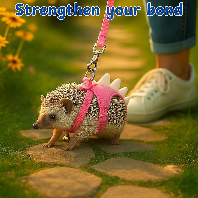 Hedgehog Leash and Harness Clothes Accessories, Adjustable Leash and Harness with Safe Bell, Dinosaur Shaped Outfit, Hamster Clothes For Ferret Hamster, Hedgehog Accessories, Guinea Pig Outfits (Pink)