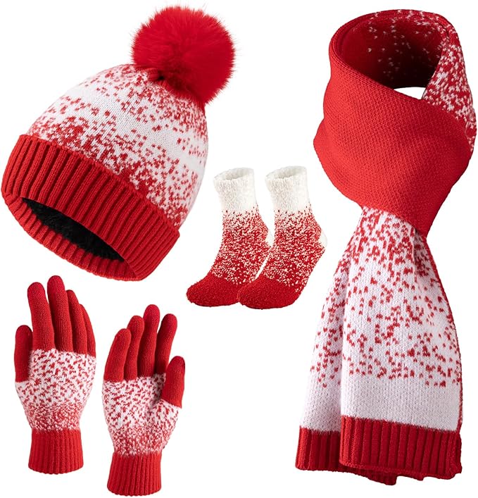 Womens Winter Beanie Hat Scarf Gloves Fuzzy Socks 4 In 1 Set Thermal Fleece Knitted Hat Warm Long Scarf Cold Weather