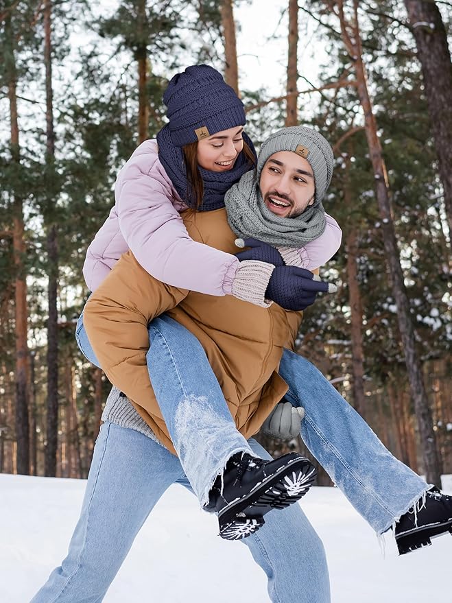 Winter Beanie Hat Scarf Gloves, Warm Fleece Knit Hats Touch Screen Gloves Neck Scarf Set Winter Gifts for Unisex Adult