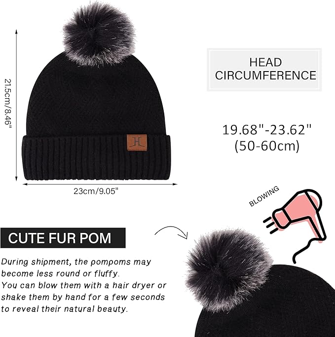 Womens Winter Warm Knit Beanie Hat Long Scarf Touchscreen Gloves Set with Fleece Lined Pom Skull Cap Gifts for Women