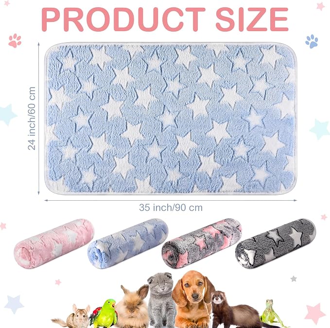 Reginary 4 Pcs Guinea Pig Fleece Blankets, Cute Star, 35 x 24 Inch | Waterproof Washable Cage Liners, Absorbent Double Layer Bedding for Guinea Pigs, Reusable Pads for Hamsters Rabbits