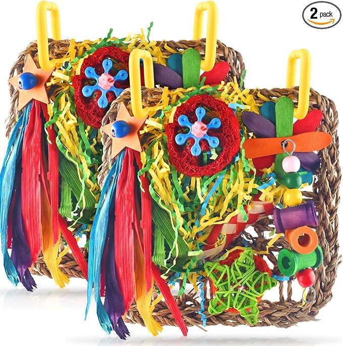 ERKOON Cockatiel Toys, Budgie Toys Foraging Toy Hanging Bird Toy for Lovebrid Parakeets Conures Parrot Foraging Wall with Colorful for Birds Shredding Seagrass, Birds Cage Accessories-2 Pack