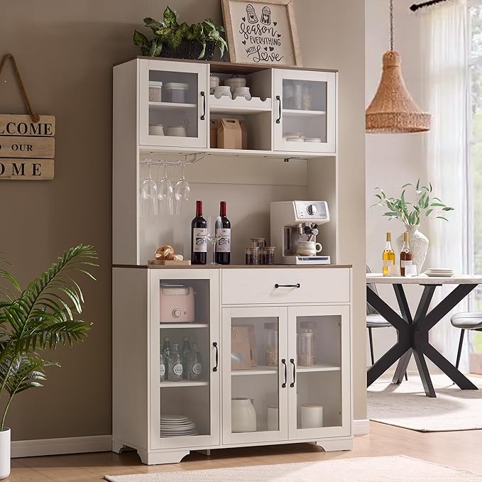Fatmok 71" Pantry Cabinet with Wine Rack and Charging Station, Set of 2 Tall Coffee Bar Cabinets with LED Lights, Drawer, Adjustable Shelves, Kitchen Hutch Storage,Off-White