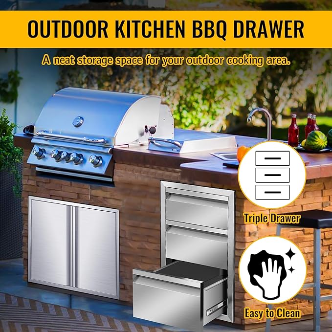 Outdoor Kitchen Drawers Stainless Steel 17W X 30H X 21D Inch, Flush Mount Triple BBQ Island Drawers with Hidden Handle for Outdoor Kitchens, Patio or Grill Station