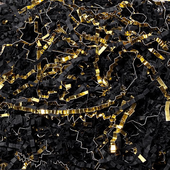 Mefleet 1/2 LB Crinkle Cut Paper Shred Filler 8 oz Black & Gold Crinkle Shredded Paper for Gift Box - Gift Basket Bag Filler - Grass Cushion Stuffing for Easter, Mother's day, Birthday Packaging Wrapping