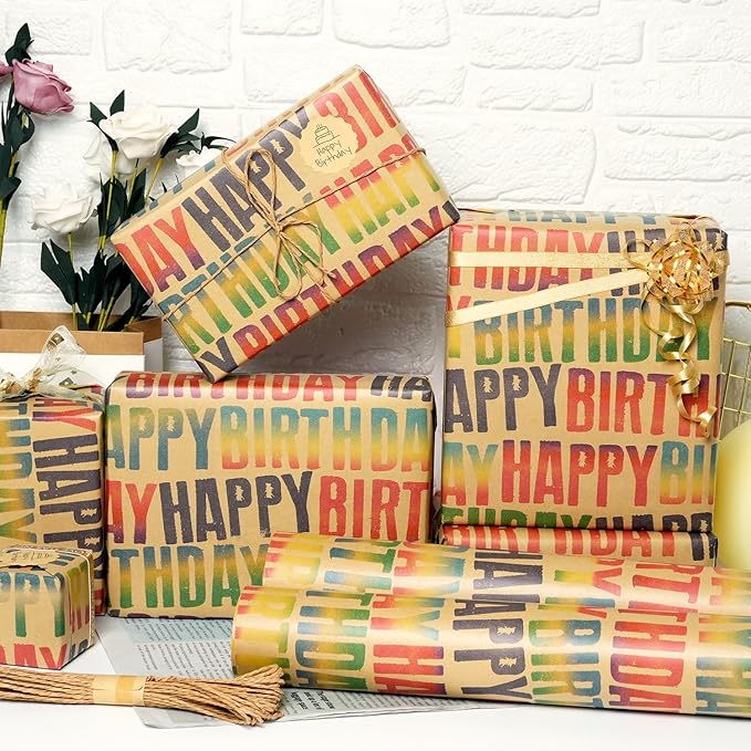 MAMUNU Birthday Wrapping Paper Roll, Colorful Happy Birthday Kraft Gift Wrapping Paper Jumbo Roll, Gift Wrap Paper Set for Boys Girls Men Women, 17 x 590 Inch