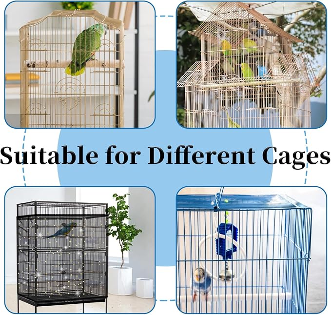 Daoeny Bird Cage Seed Catcher, Large Bird Cage Cover, Adjustable Soft Airy Nylon Mesh Net, Birdcage Cover Skirt Seed Guard for Parrot Parakeet Macaw African Round Square Cages (Black, Sequins Star)