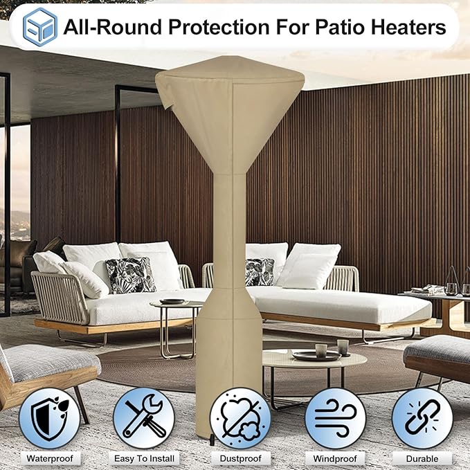 OutdoorLines Waterproof Outdoor Patio Heater Covers with Zipper and Storage Bag, Dust-proof UV-Resistant Windproof Propane Heavy Duty Heater Cover for Standing Heater, 1 Pack-95Hx34Dx19B inch Camel
