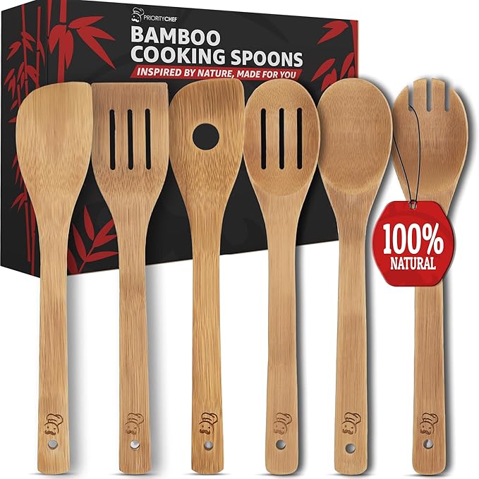 PriorityChef Wooden Spoons for Cooking, 6Pc Non Scratch Bamboo Cooking Utensils, Non-Toxic Wooden Utensil Set, Easy to Clean Kitchen Utensils Set for Everyday Use on All Cookware Types