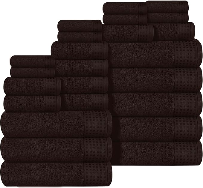 GLAMBURG Towels for Bathroom, 100% Cotton Towel Set, Contains 8 Soft Bath Towel, 8 Hand Towels, 8 Wash Cloths - Compact Absorbent Lightweight & Quickdry - 24 Piece Bathroom Towel Set - Chocolate Brown