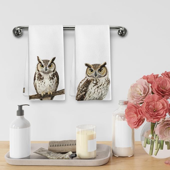 Funny Fall Owl Kitchen Towels and Dishcloths Sets of 2, Owl Home Decor Gifts for Women, Woodsy Rustic Cabin Lodge Forest Nursery Decor Dish Hand Tea Towels for Home Bathroom Kitchen,16x24Inch