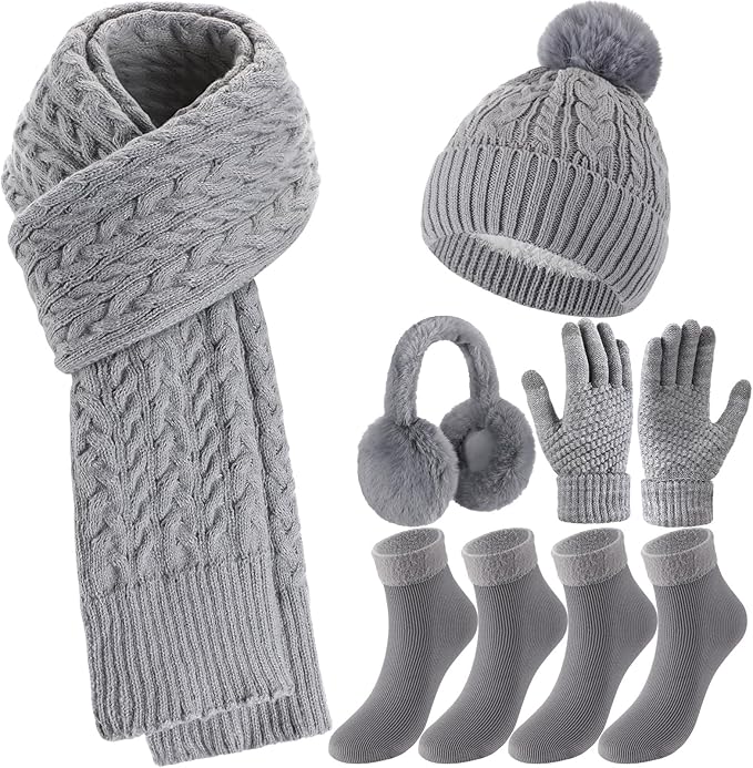 Geyoga 6 Pcs Winter Warm Set for Women Warm Beanies Hats Touchscreen Gloves Long Scarf Ear Muffs Socks Winter Gifts for Women