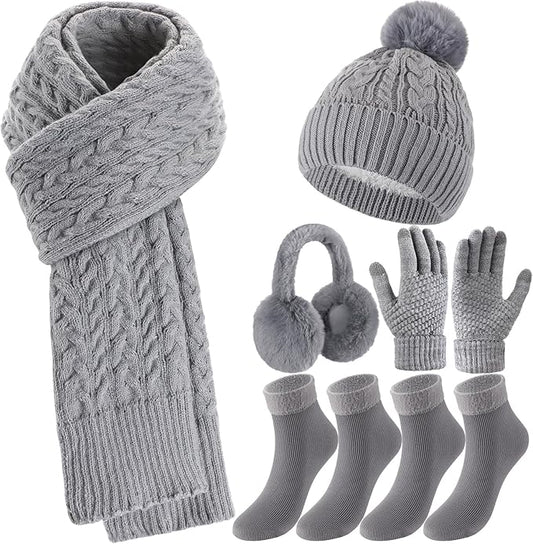 Geyoga 6 Pcs Winter Warm Set for Women Warm Beanies Hats Touchscreen Gloves Long Scarf Ear Muffs Socks Winter Gifts for Women