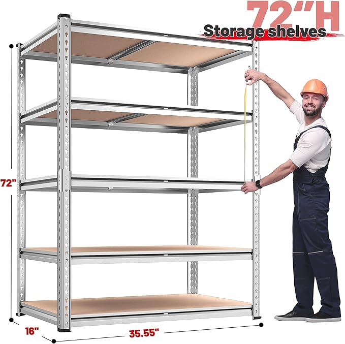 REIBII 2020LBS Garage Shelving Heavy Duty Metal Shelving 5 Tier Storage Shelves, Garage Shelves for Basement, Warehouse, Pantry, Closet, Kitchen, 72" H x 35.55" W x 16" D, Galvanized, 4 Pack