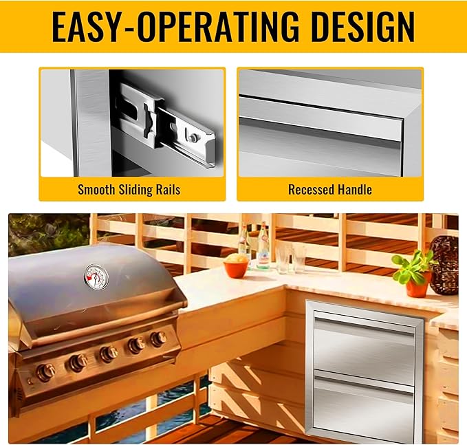 Outdoor Kitchen Drawers Stainless Steel 14W X 15H X 23D Inch, Flush Mount Double BBQ Island Drawers with Hidden Handle for Outdoor Kitchens, Patio or Grill Station