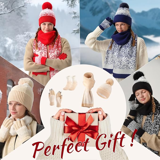 Womens Winter Beanie Hat Scarf Gloves Fuzzy Socks 4 In 1 Set Thermal Fleece Knitted Hat Warm Long Scarf Cold Weather