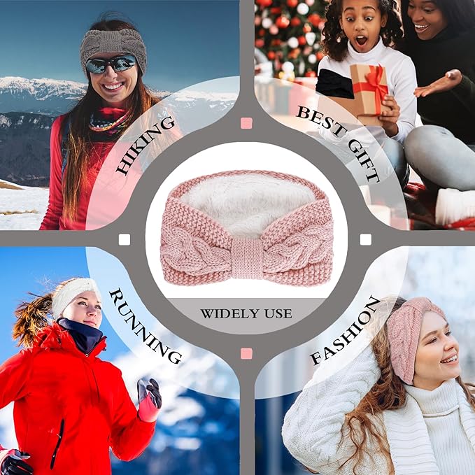 Whaline 4 Pack Twisted Knit Headbands Winter Knotted Head Wraps Fuzzy Lined Headband Thick Crochet Turban Ear Warmer Elastic Hair Band Accessories for Women (White, Pink, Black, Grey)